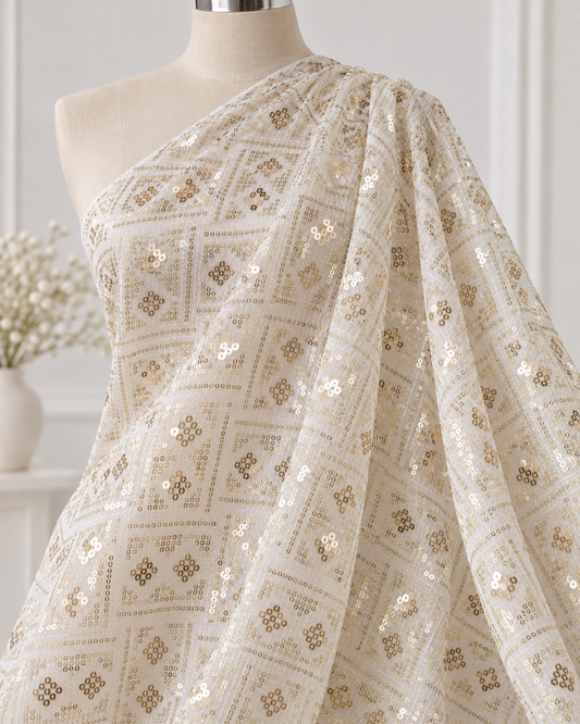 Off white embroidered fabric, Sequins Organza Fabric, Haute couture, Couture fashion, Embroidery art, Embroidery design, Fashion fabric - NFAF934