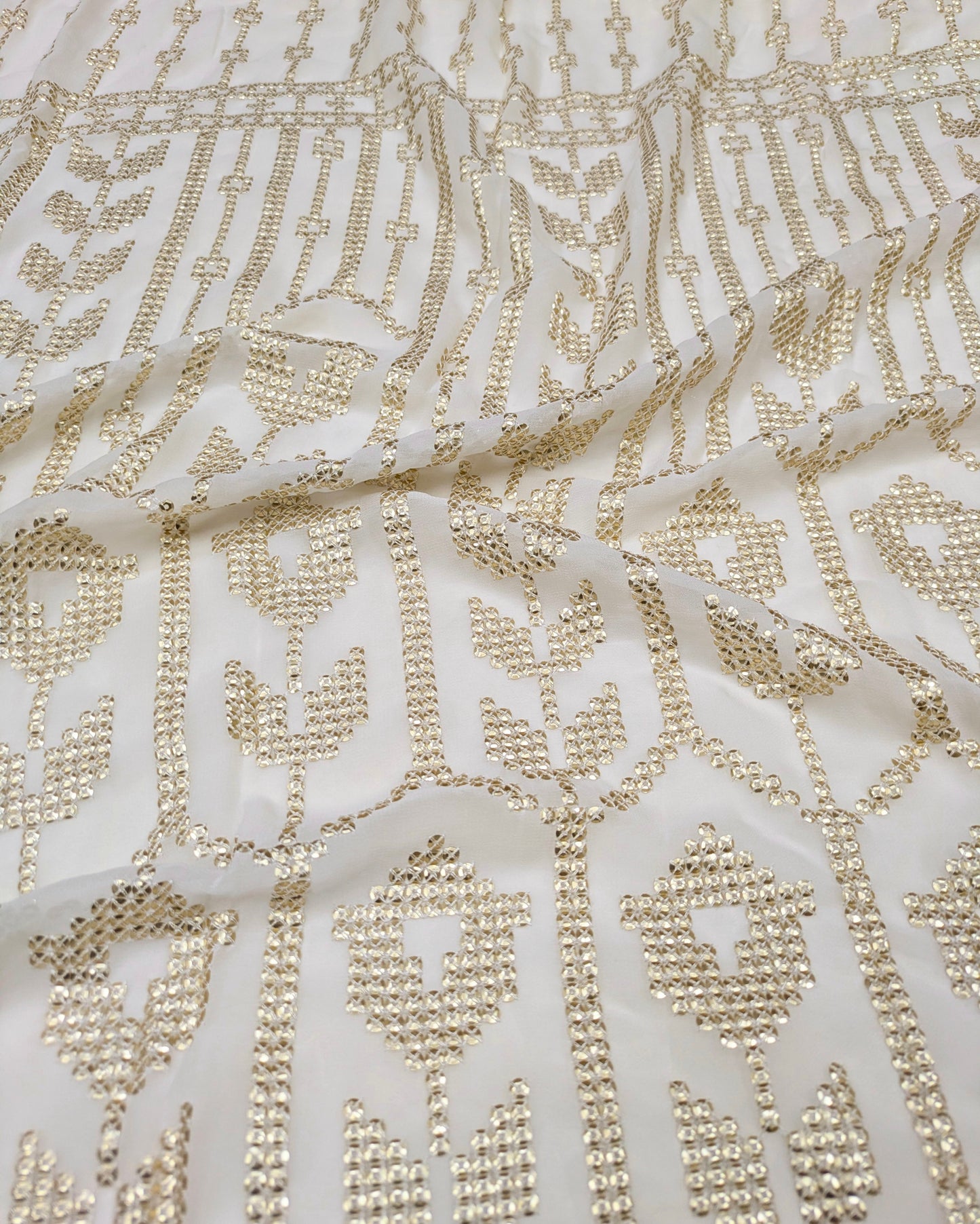 Off-White embroidered fabric, Wedding dress, Royal fabric, Luxury fabric, Fashion fabric, Fabric store, Embroidery art, Indian fabric - NFAF945