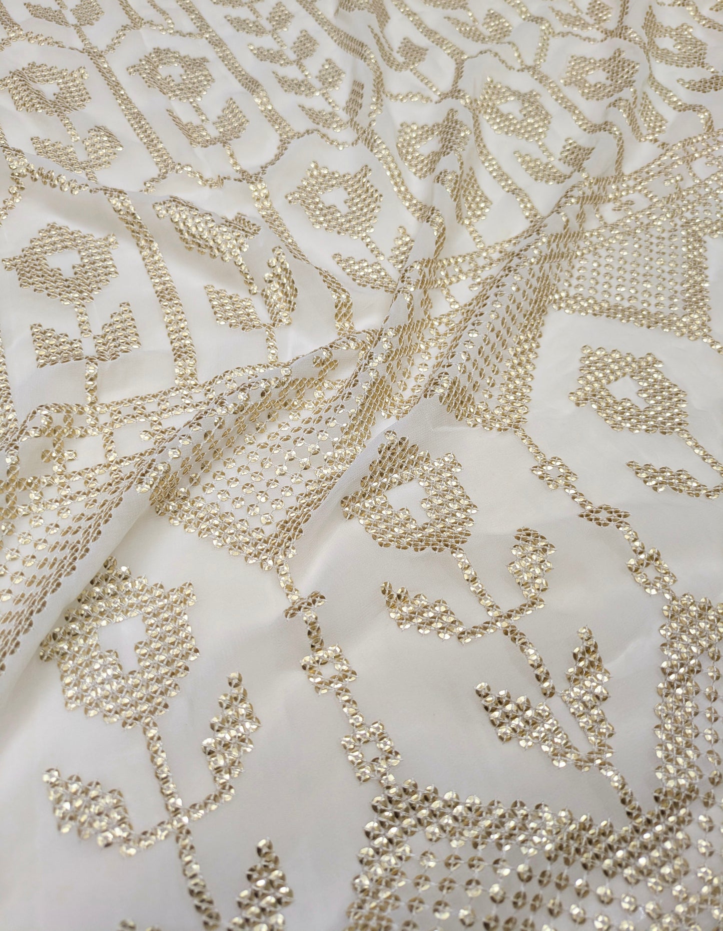 Off-White embroidered fabric, Wedding dress, Royal fabric, Luxury fabric, Fashion fabric, Fabric store, Embroidery art, Indian fabric - NFAF945
