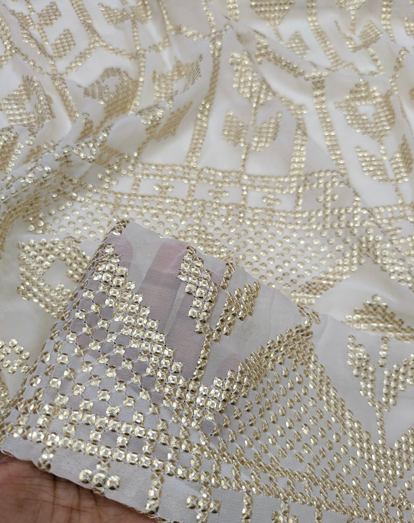 Off-White embroidered fabric, Wedding dress, Royal fabric, Luxury fabric, Fashion fabric, Fabric store, Embroidery art, Indian fabric - NFAF945