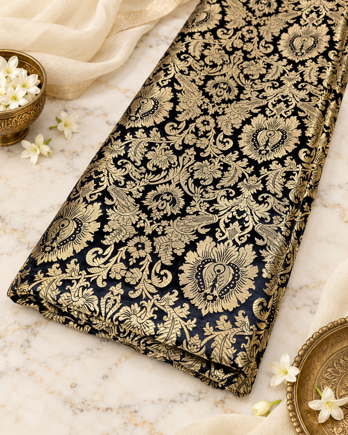 Indian Brocade fabric Jacquard damask fabric Black Gold fabric Wedding bridal fabric Luxury dress fabric Upholstery fabric by the yard - NFAF03