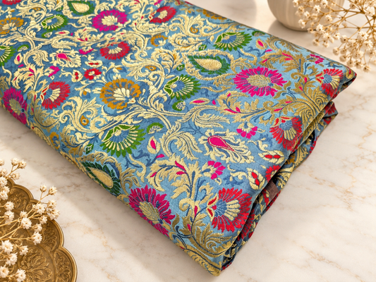 Indian Brocade fabric Jacquard damask fabric Gray Gold fabric Wedding bridal fabric Luxury dress fabric Upholstery fabric by the yard NFAF101