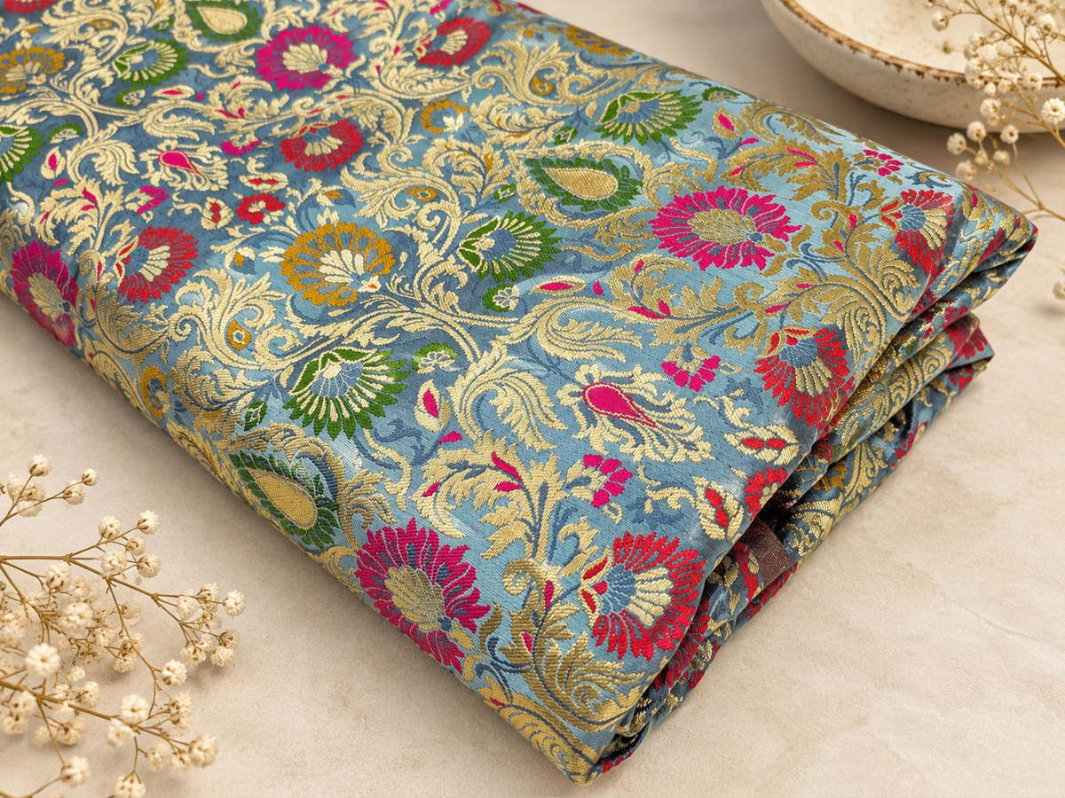 Indian Brocade fabric Jacquard damask fabric Gray Gold fabric Wedding bridal fabric Luxury dress fabric Upholstery fabric by the yard NFAF101