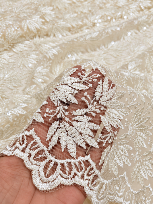 Off white embroidered fabric, Tulle fabric, Wedding dress, Mesh fabric, Floral design, Bridesmaid dress, Vintage fabric, Indian fabric - NFAF1063