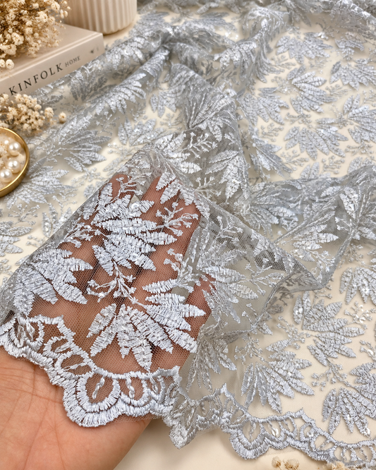 Gray Embroidered fabric, Tulle fabric, Wedding dress, Mesh fabric, Floral design, Bridesmaid dress, Vintage fabric, Indian fabric - NFAF1064