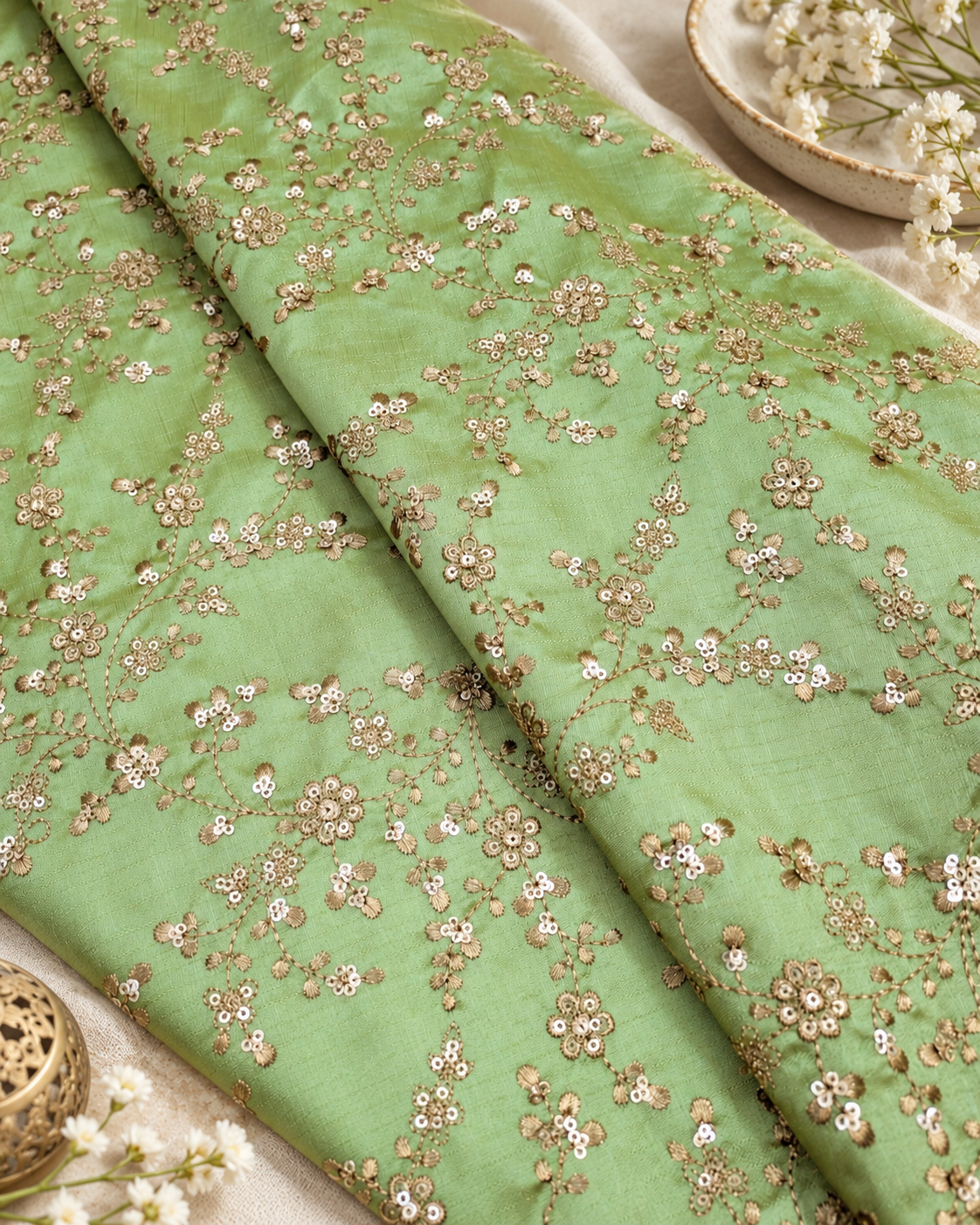 Lime green & gold embroidered fabric, Wedding dress, Bridesmaid dress, Gold flower, Medieval fabric, Royal fabric, Indian fabric - NFAF1099