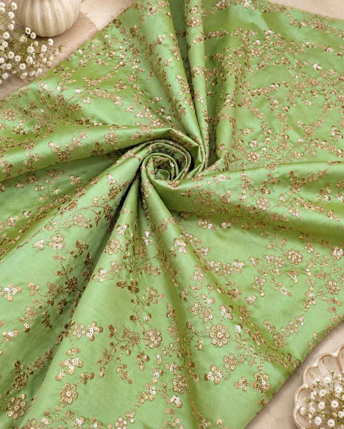 Lime green & gold embroidered fabric, Wedding dress, Bridesmaid dress, Gold flower, Medieval fabric, Royal fabric, Indian fabric - NFAF1099