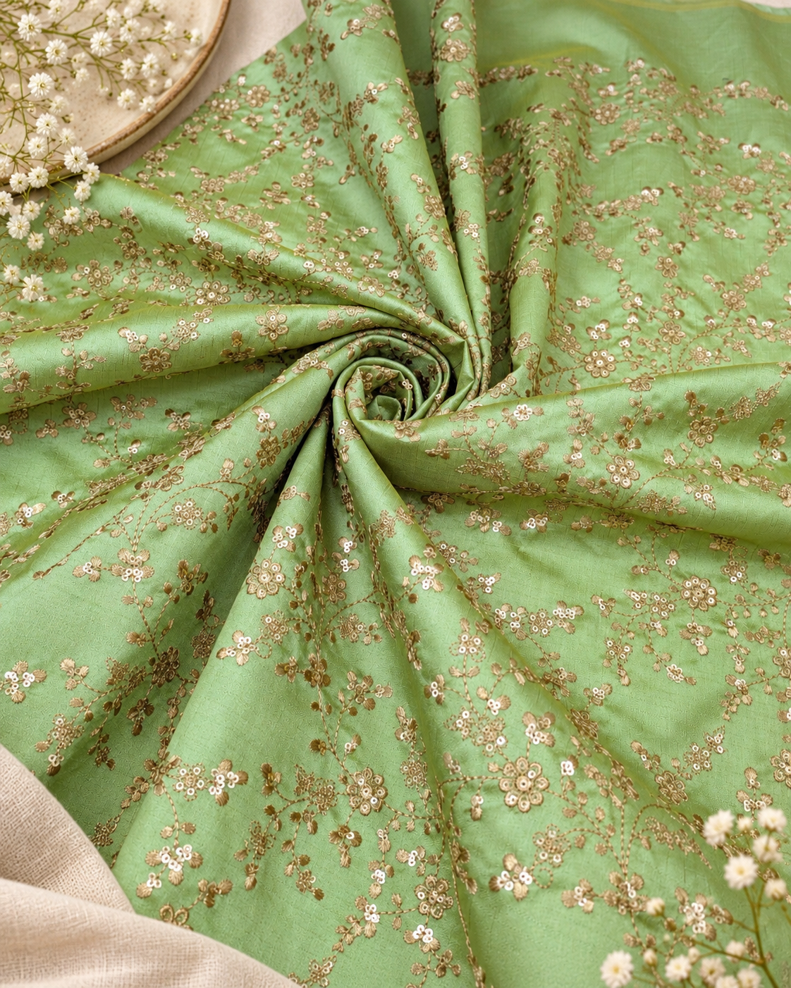 Lime green & gold embroidered fabric, Wedding dress, Bridesmaid dress, Gold flower, Medieval fabric, Royal fabric, Indian fabric - NFAF1099