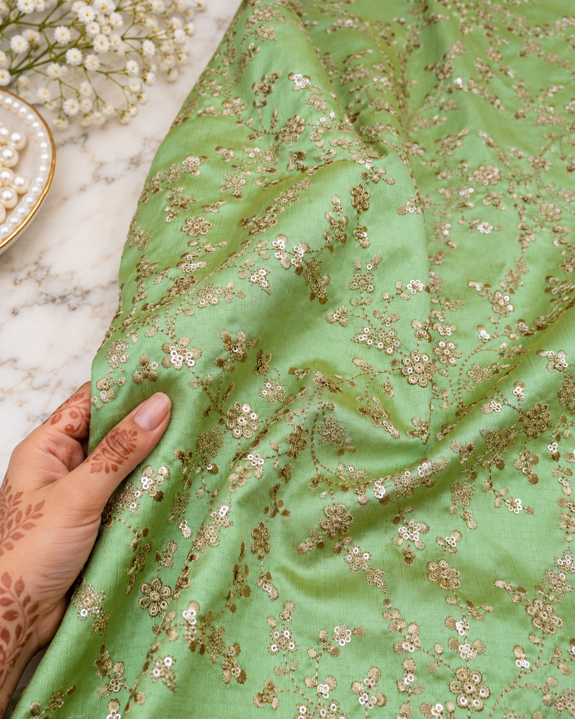 Lime green & gold embroidered fabric, Wedding dress, Bridesmaid dress, Gold flower, Medieval fabric, Royal fabric, Indian fabric - NFAF1099