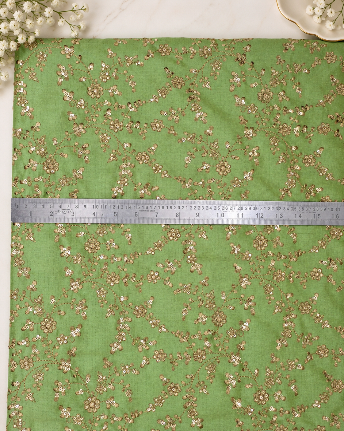 Lime green & gold embroidered fabric, Wedding dress, Bridesmaid dress, Gold flower, Medieval fabric, Royal fabric, Indian fabric - NFAF1099