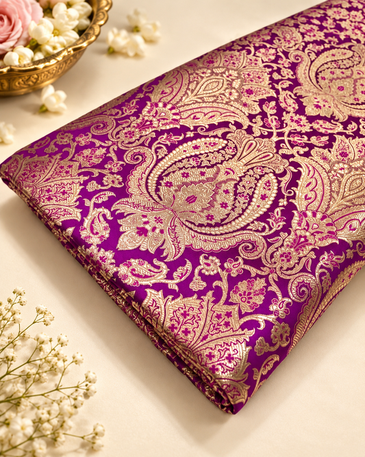 Indian Brocade fabric Jacquard damask fabric Purple Gold fabric Wedding bridal fabric Luxury dress fabric Upholstery fabric by the yard NFAF135