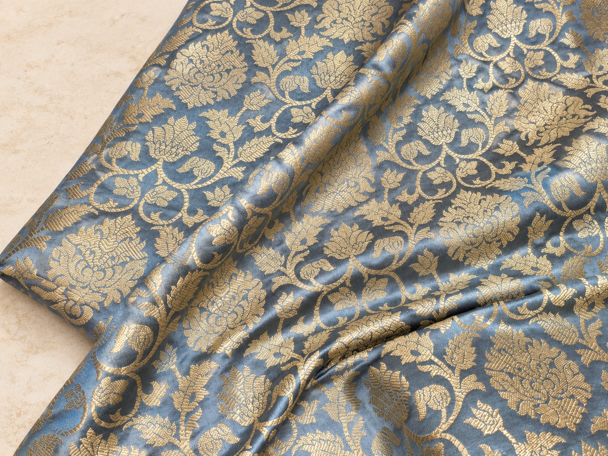 Banarasi brocade fabric, Gray gold Wedding fabric, Jacquard fabric, Rayon silk brocade, Historical fabric, Fabric by the yard/meter - NFAF13