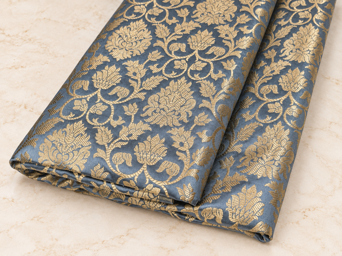 Banarasi brocade fabric, Gray gold Wedding fabric, Jacquard fabric, Rayon silk brocade, Historical fabric, Fabric by the yard/meter - NFAF13