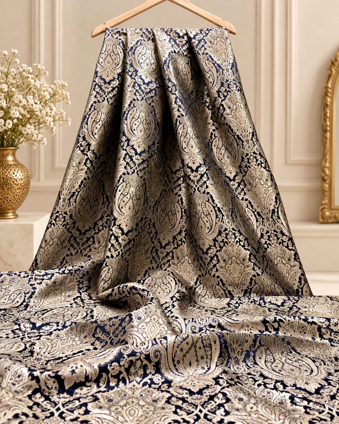 Indian Brocade fabric Jacquard damask fabric Black Gold fabric Wedding bridal fabric Luxury dress fabric Upholstery fabric by the yard NFAF142