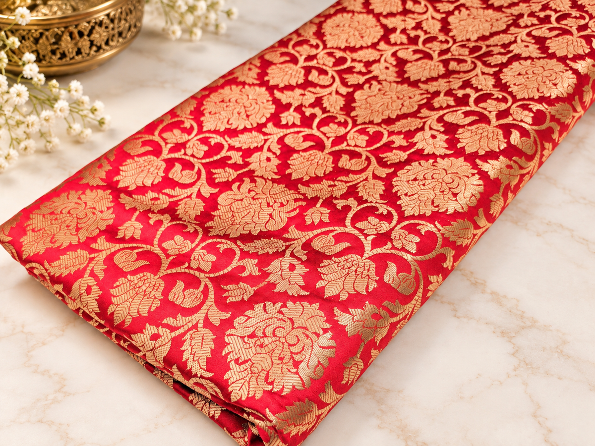 Banarasi brocade fabric, Red gold Wedding fabric, Jacquard fabric, Rayon silk brocade, Historical fabric, Fabric by the yard/meter - NFAF170