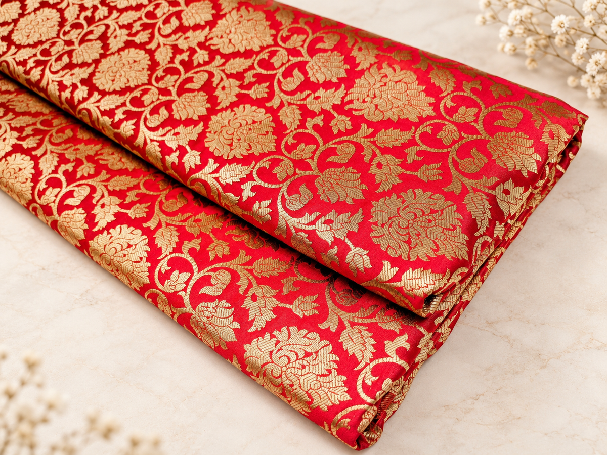 Banarasi brocade fabric, Red gold Wedding fabric, Jacquard fabric, Rayon silk brocade, Historical fabric, Fabric by the yard/meter - NFAF170