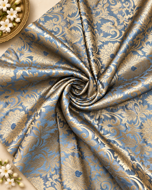Banarasi brocade fabric, grey & gold Wedding inspiration, Flower brocade, Metallic brocade, Fashion fabric - NFAF177