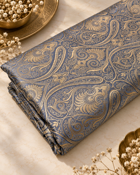Indian Brocade Fabric, Gray gold damask jacquard brocade fabric, Wedding inspiration, Medieval fabric, Paisley brocade, Historical fabric - NFAF180