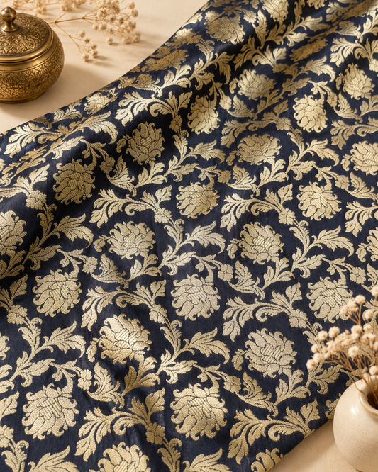 Black gold banarasi brocade fabric, Wedding inspiration, Damask jacquard brocade, Floral brocade, Home décor fabric - NFAF184