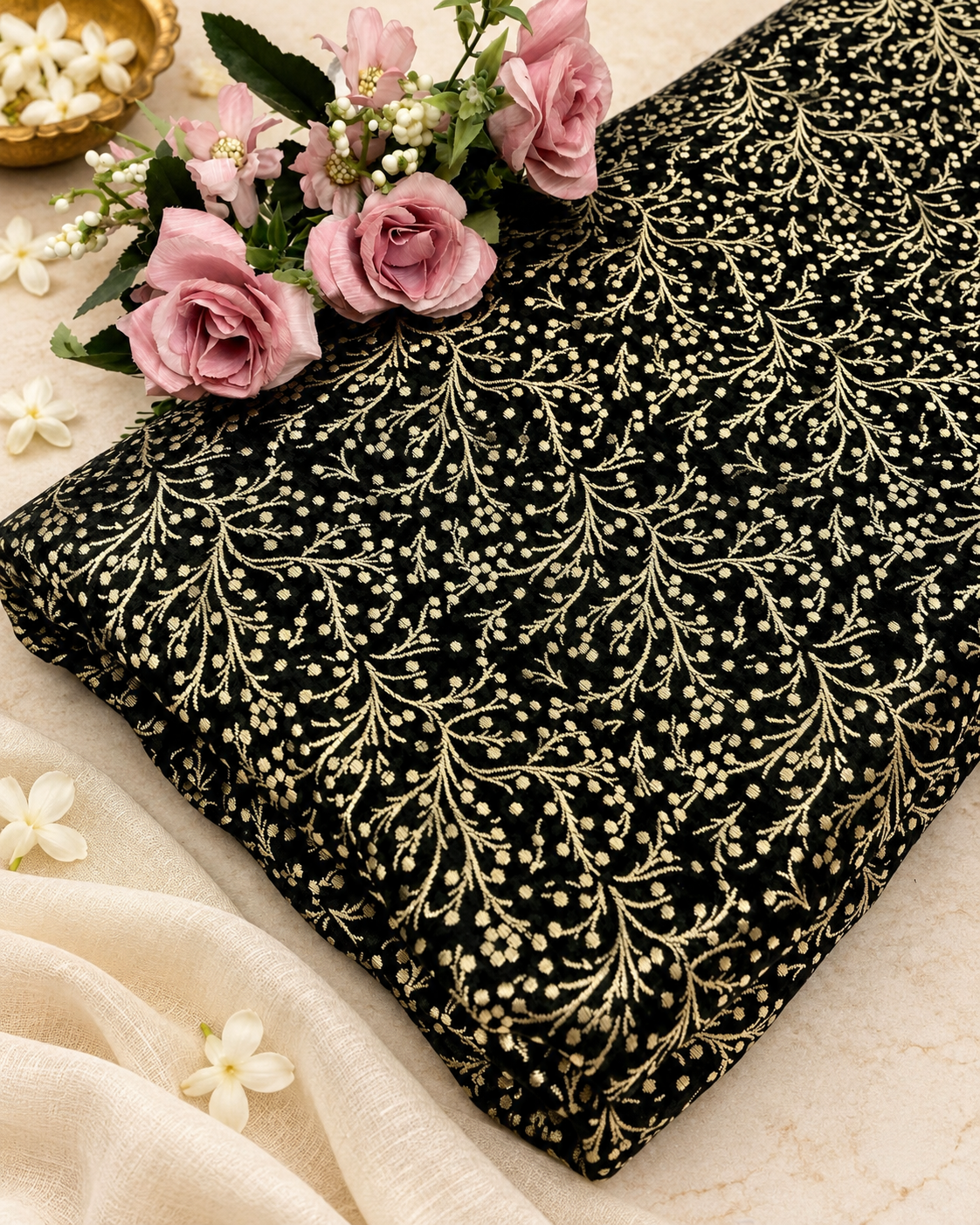 Indian Brocade fabric by the yard Jacquard damask fabric Black Gold Brocade Fabric, Wedding bridal fabric, Gothic fabric- NFAF186