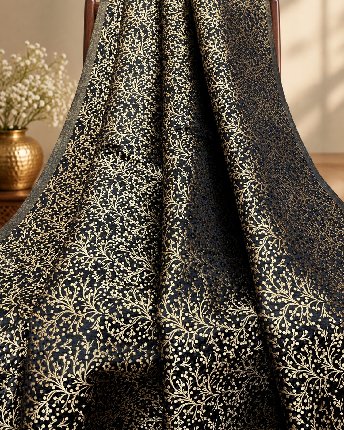 Indian Brocade fabric by the yard Jacquard damask fabric Black Gold Brocade Fabric, Wedding bridal fabric, Gothic fabric- NFAF186