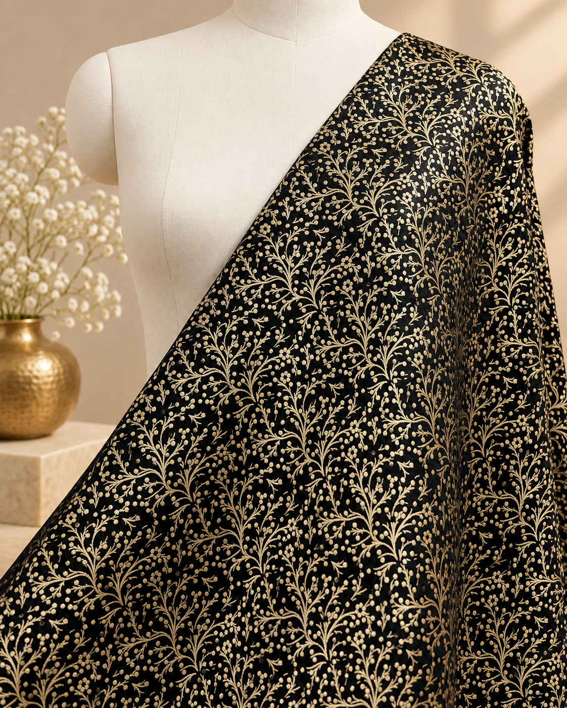 Indian Brocade fabric by the yard Jacquard damask fabric Black Gold Brocade Fabric, Wedding bridal fabric, Gothic fabric- NFAF186
