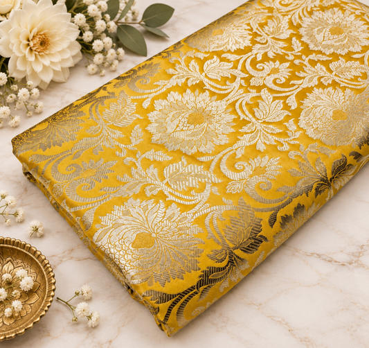 Indian Brocade Fabric Yellow & Gold Brocade Jacquard fabric Home décor fabric Wedding fabric Gothic fabric Brocade Fabric by the yard