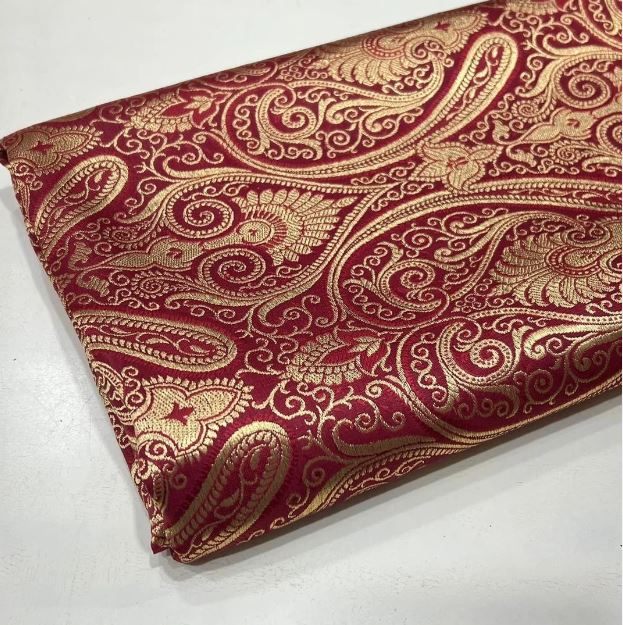 Indian Banarasi Brocade Fabric in Red and gold color, Multiple lengths will come in the continuous piece - NF319