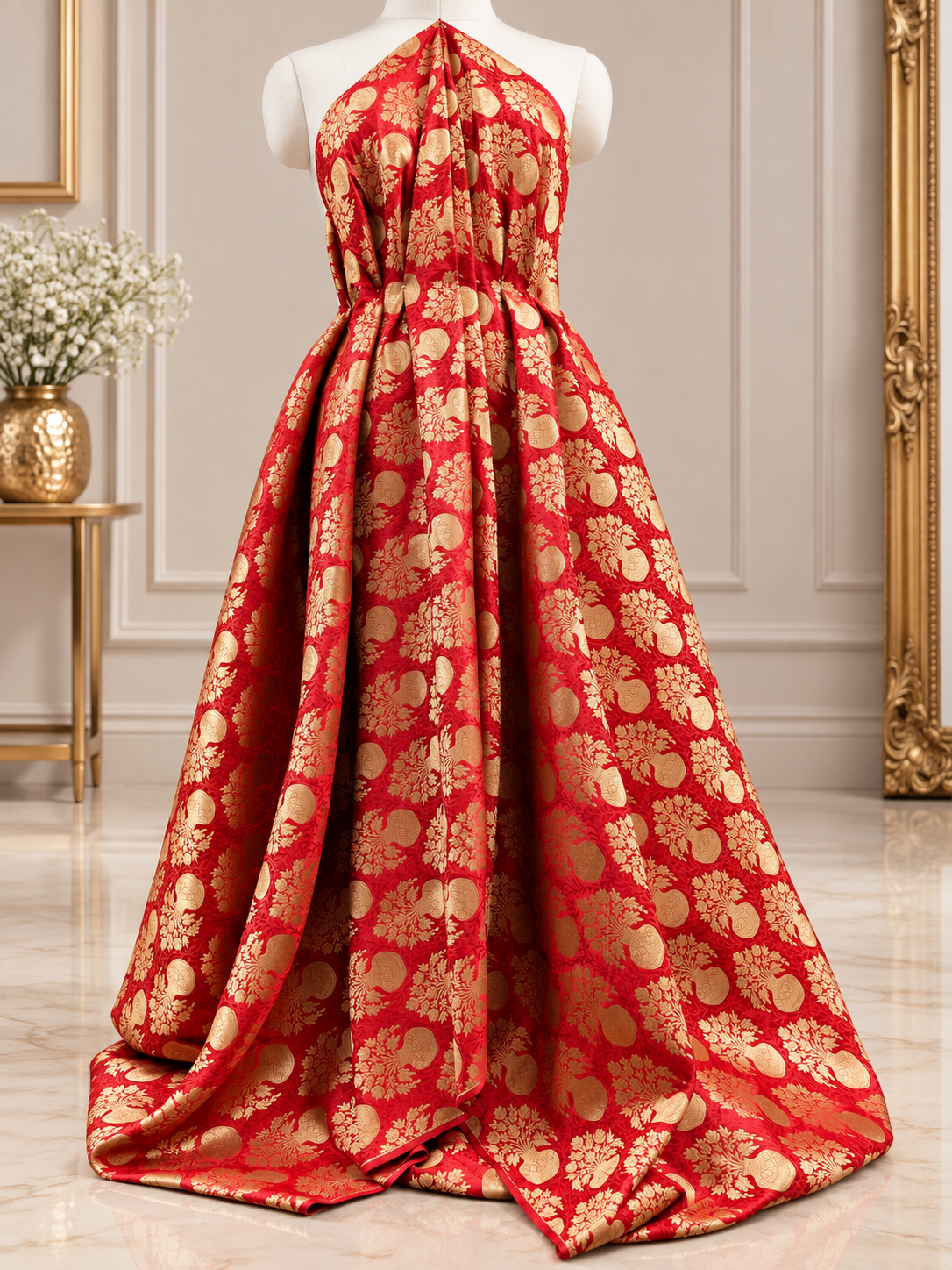 Brocade fabric Jacquard Damask fabric Wedding Bridal Brocade Dress Fabric Decor Upholsery Brocade Fabric Red Gold Fabric by the yard  - 336