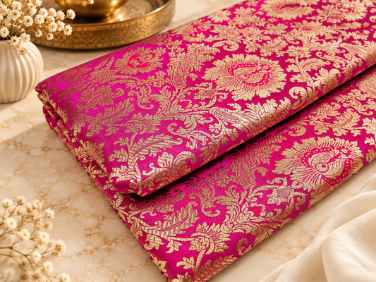 Banarasi brocade fabric, Pink gold wedding dress fabric, Jacquard fabric, Rayon silk brocade, Historical fabric, Gold fabric, Designer fabric - NFAF357