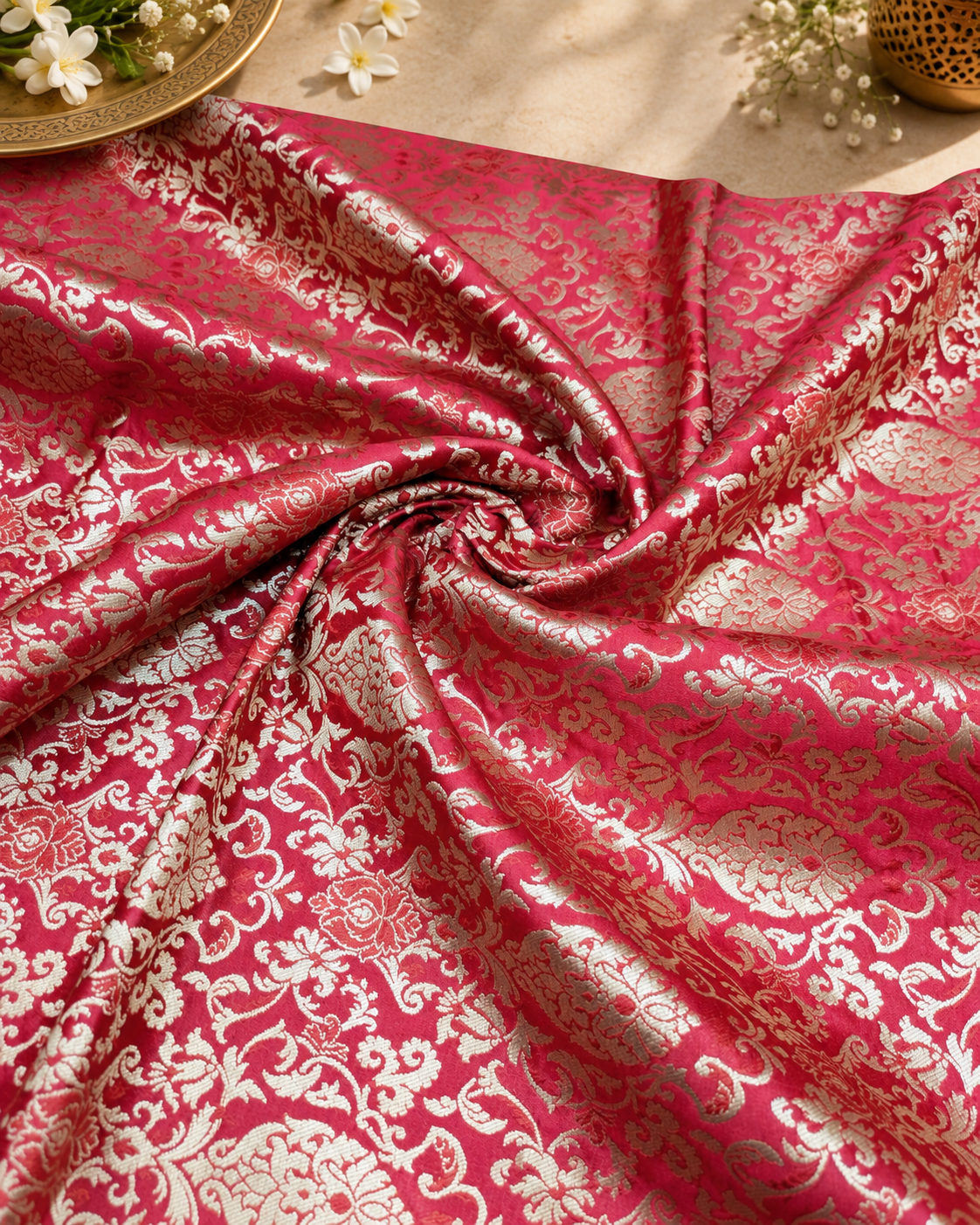 Red Gold Brocade fabric by the yard Jacquard damask fabric Wedding Bridal Dress Fabric Upholstery Silk Brocade Fabric by the yard- NFAF359