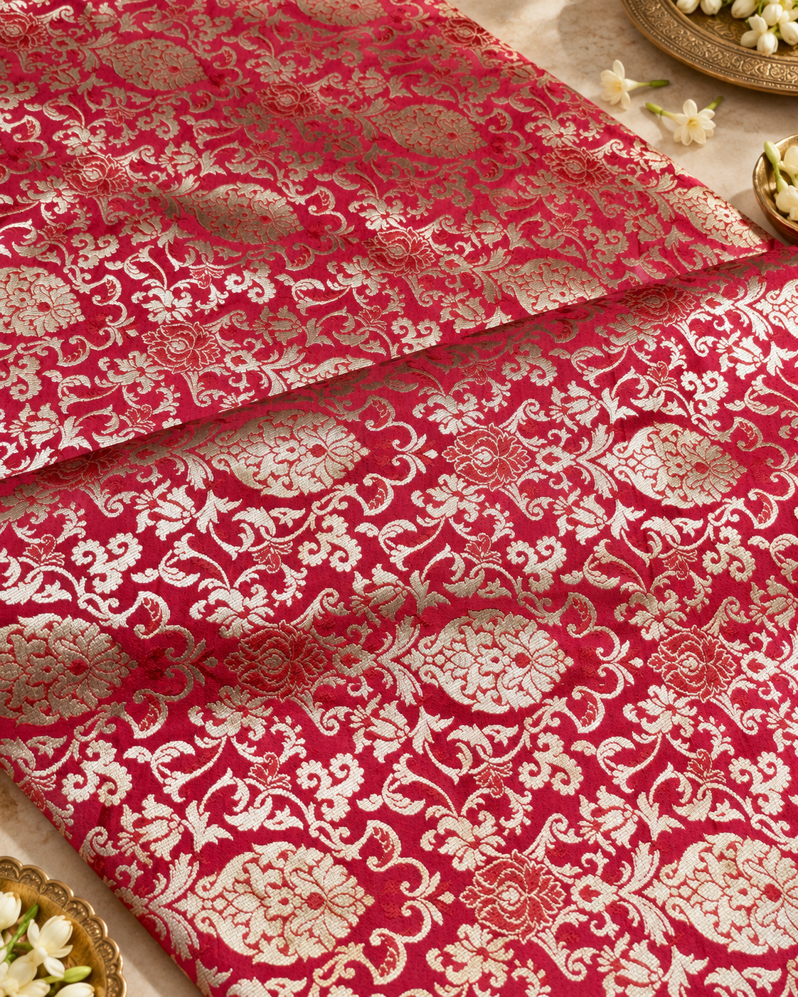 Red Gold Brocade fabric by the yard Jacquard damask fabric Wedding Bridal Dress Fabric Upholstery Silk Brocade Fabric by the yard- NFAF359
