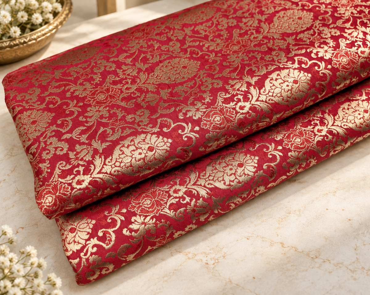 Red Gold Brocade fabric by the yard Jacquard damask fabric Wedding Bridal Dress Fabric Upholstery Silk Brocade Fabric by the yard- NFAF359