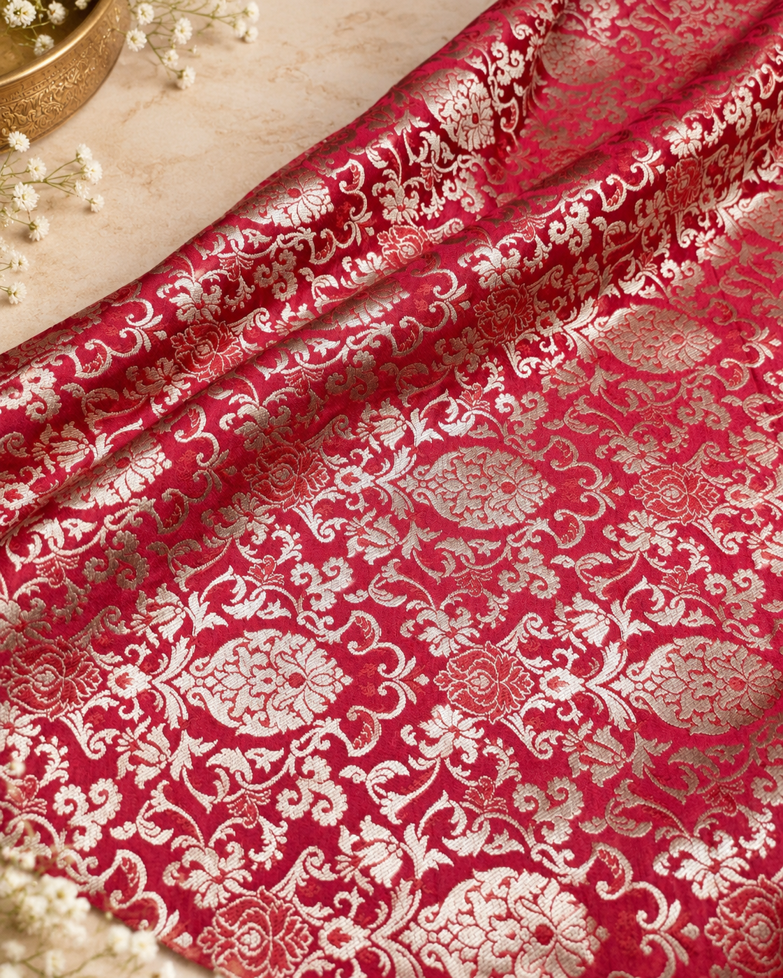 Red Gold Brocade fabric by the yard Jacquard damask fabric Wedding Bridal Dress Fabric Upholstery Silk Brocade Fabric by the yard- NFAF359