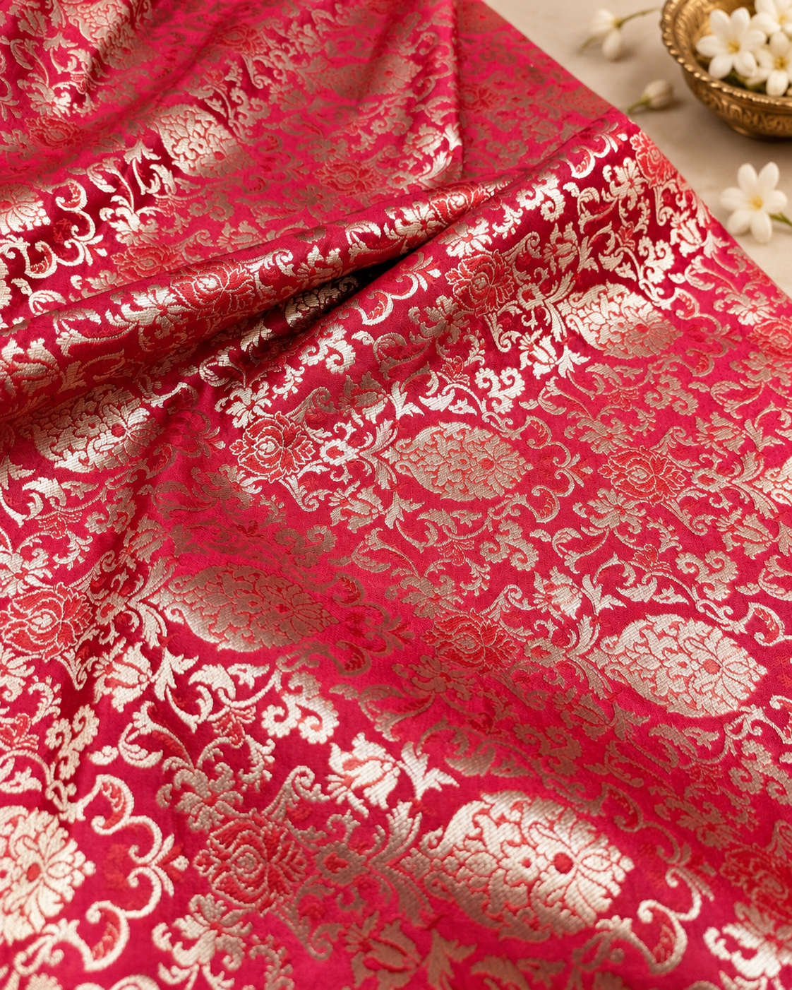 Red Gold Brocade fabric by the yard Jacquard damask fabric Wedding Bridal Dress Fabric Upholstery Silk Brocade Fabric by the yard- NFAF359