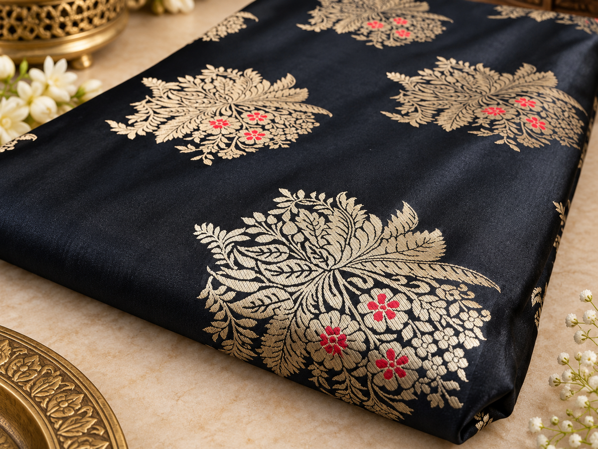 Brocade fabric Black Gold Jacquard fabric Wedding bridal dress fabric Saree fabric Indian Gold dress Fabric brocade By the yard -NFAF38