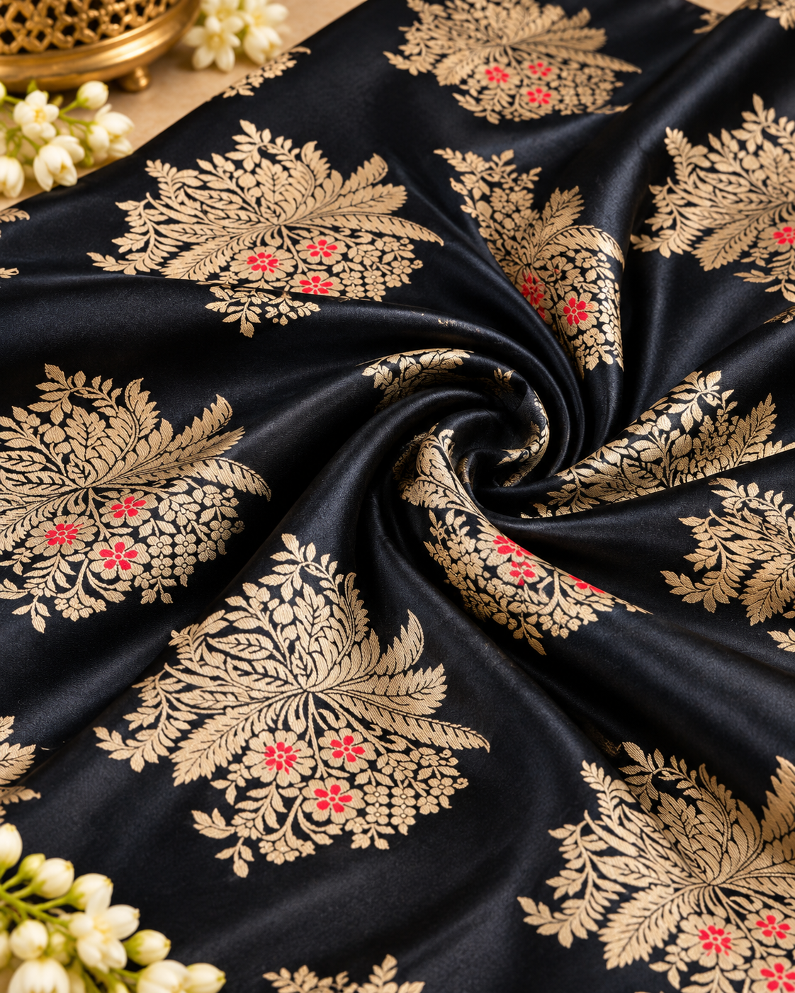 Brocade fabric Black Gold Jacquard fabric Wedding bridal dress fabric Saree fabric Indian Gold dress Fabric brocade By the yard -NFAF38
