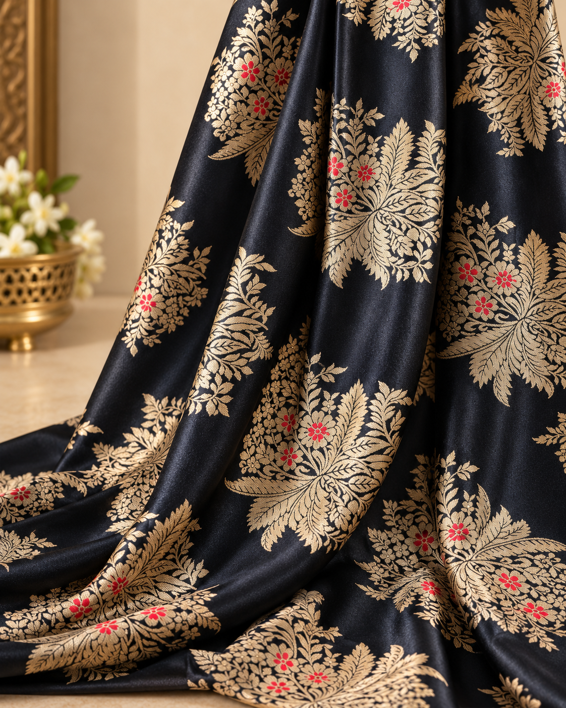 Brocade fabric Black Gold Jacquard fabric Wedding bridal dress fabric Saree fabric Indian Gold dress Fabric brocade By the yard -NFAF38