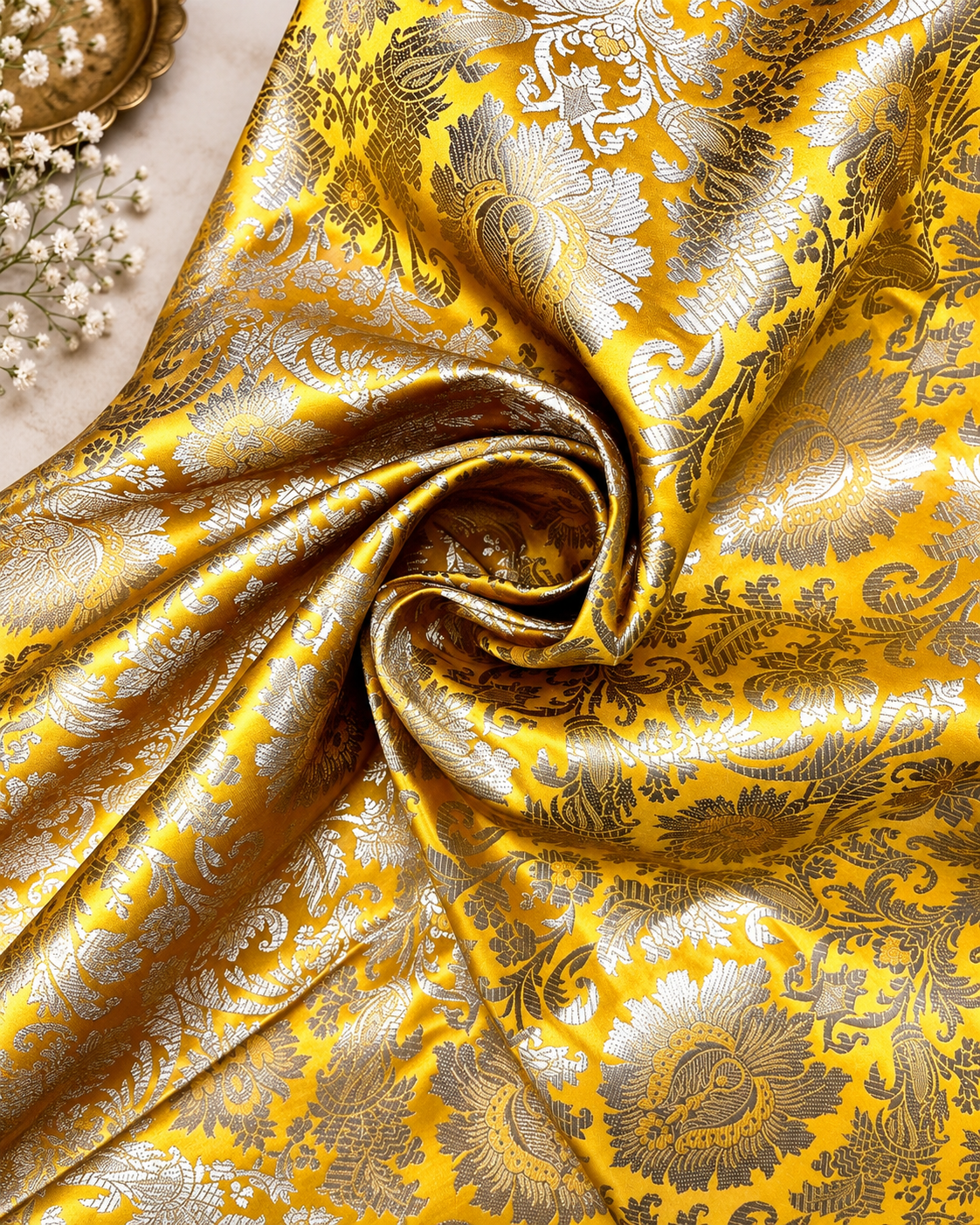 Brocade fabric Jacquard Damask Fabric Yellow Gold Brocade Wedding Dress fabric Rayon Silk brocade Party fabric Upholstery Fabric by the yard
