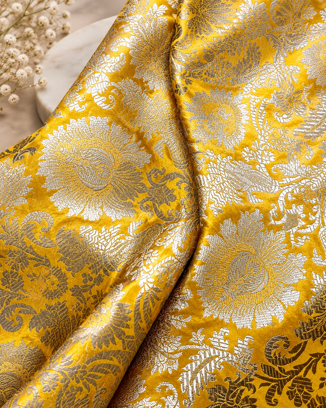 Brocade fabric Jacquard Damask Fabric Yellow Gold Brocade Wedding Dress fabric Rayon Silk brocade Party fabric Upholstery Fabric by the yard