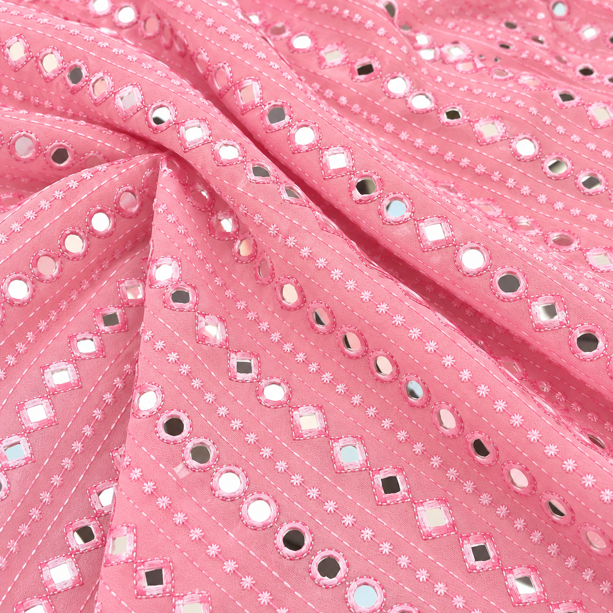 Embroidered fabric Pink Georgette MirrorWork fabric Wedding Bridal dress Fabric Lehenga Salwar Suit Dupatta fabric By the Yard- NFAF460