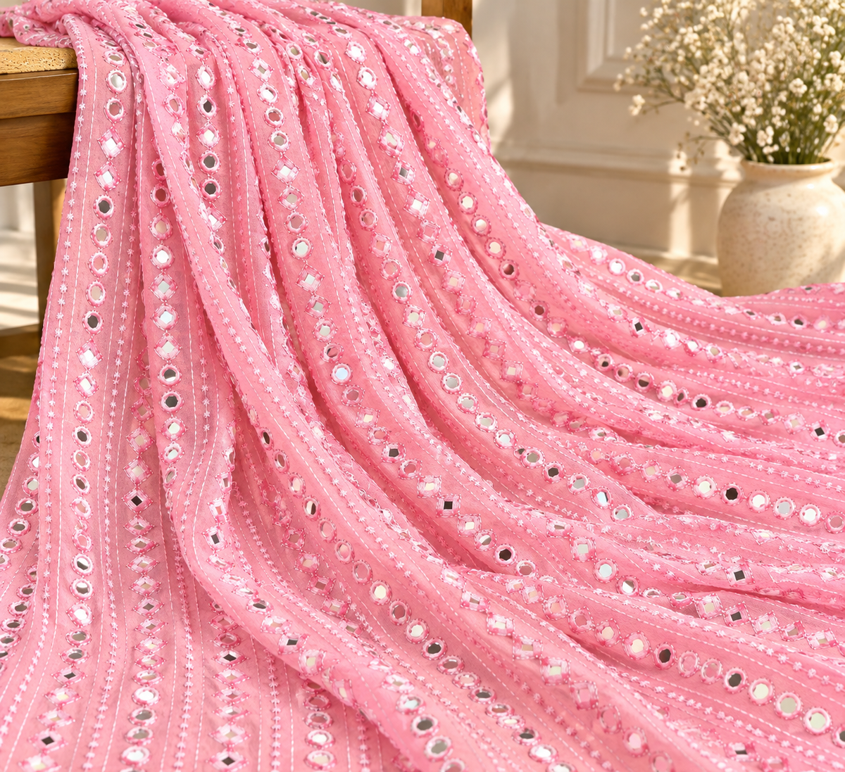 Embroidered fabric Pink Georgette MirrorWork fabric Wedding Bridal dress Fabric Lehenga Salwar Suit Dupatta fabric By the Yard- NFAF460