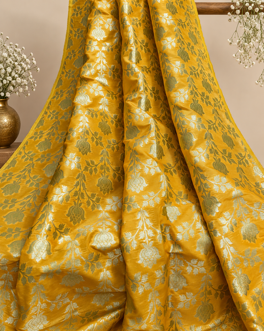 Jacquard Brocade Fabric Home Decor fabric Yellow Gold Floral Fabric Wedding Indian Dress Brocade Saree Lehenga Choli fabric by the yard