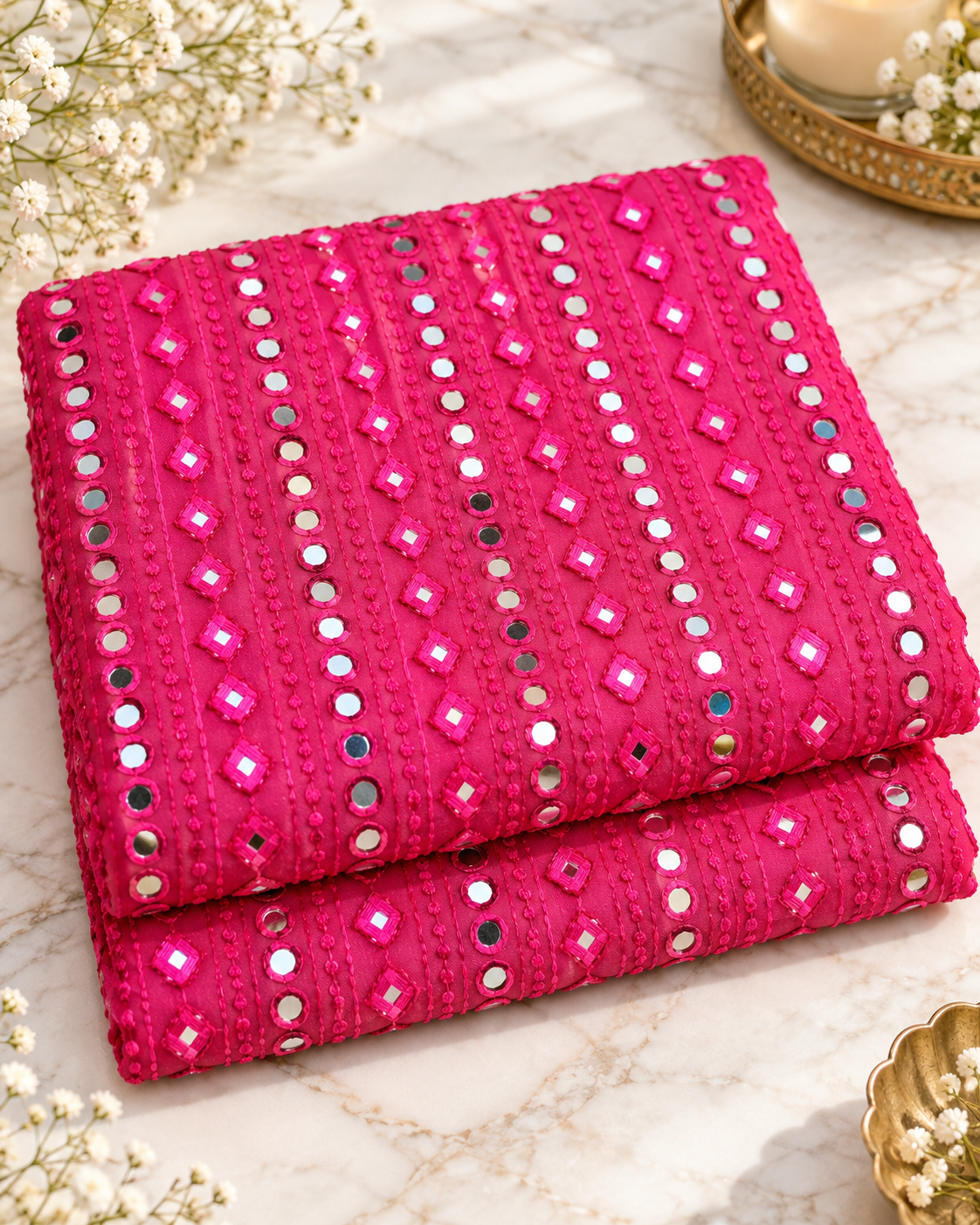 Fuchsia embroidered fabric, Georgette foil mirror fabric, Gold fabric, Wedding inspiration, Bridesmaid dress, Fashion fabric, Indian fabric, Thread embroidery - NFAF504