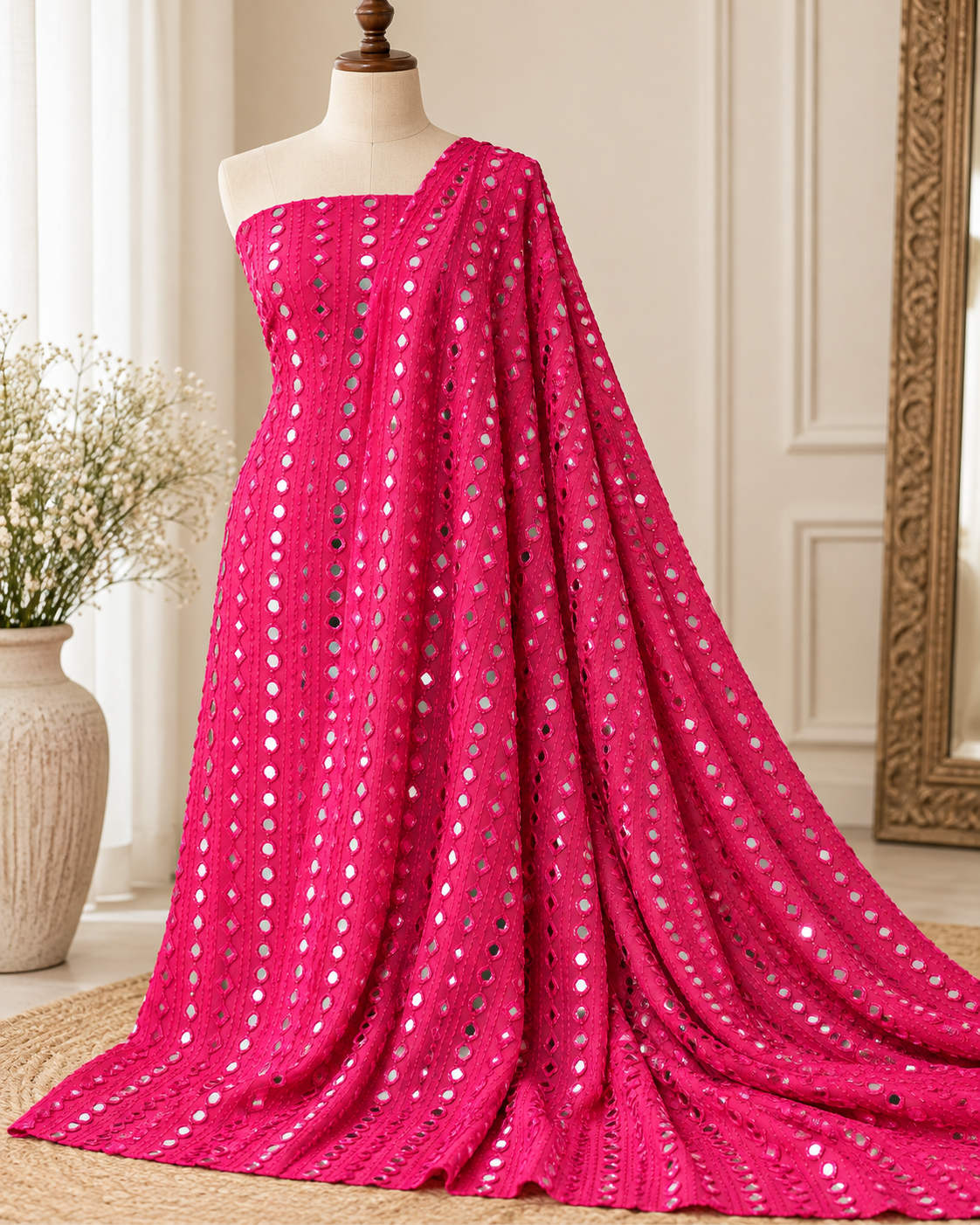 Fuchsia embroidered fabric, Georgette foil mirror fabric, Gold fabric, Wedding inspiration, Bridesmaid dress, Fashion fabric, Indian fabric, Thread embroidery - NFAF504