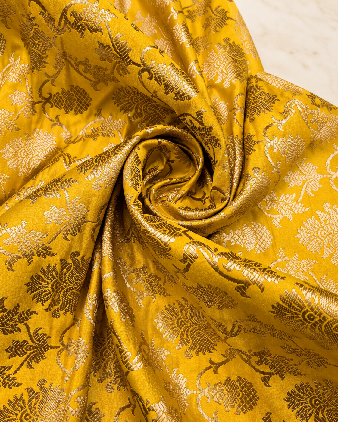 Indian Banarasi Brocade fabric in Yellow and Gold color,  Multiple lengths will come in a continuous piece - NF522