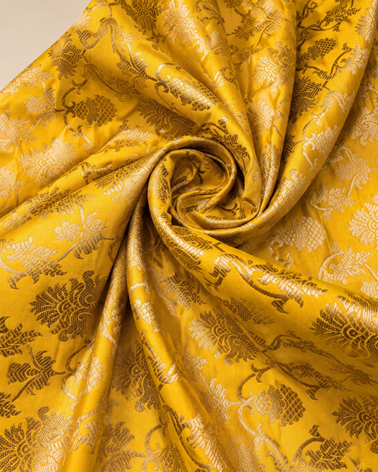 Indian Banarasi Brocade fabric in Yellow and Gold color,  Multiple lengths will come in a continuous piece - NF522