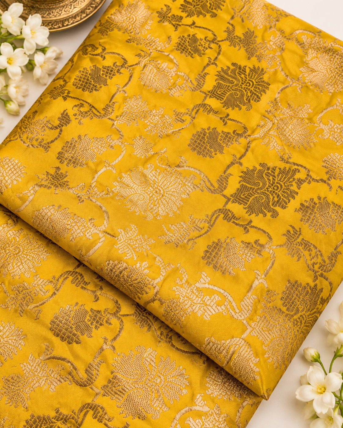 Indian Banarasi Brocade fabric in Yellow and Gold color,  Multiple lengths will come in a continuous piece - NF522