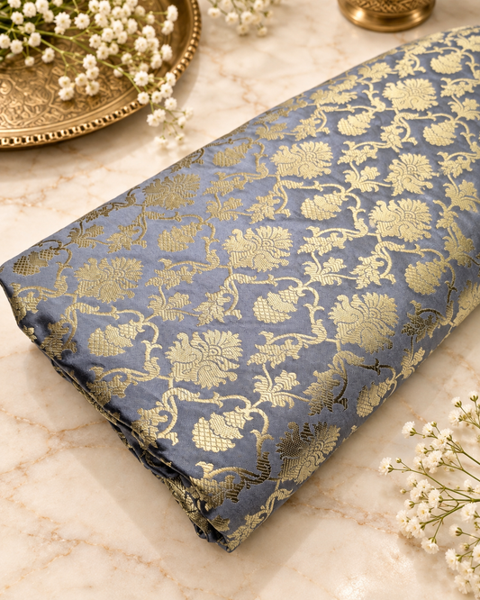 Brocade Fabric, Gray Gold Damask Jacquard Brocade Fabric Upholstery Indian Dress Festival Wear Brocade Fabric by the yard/meter - NFAF547