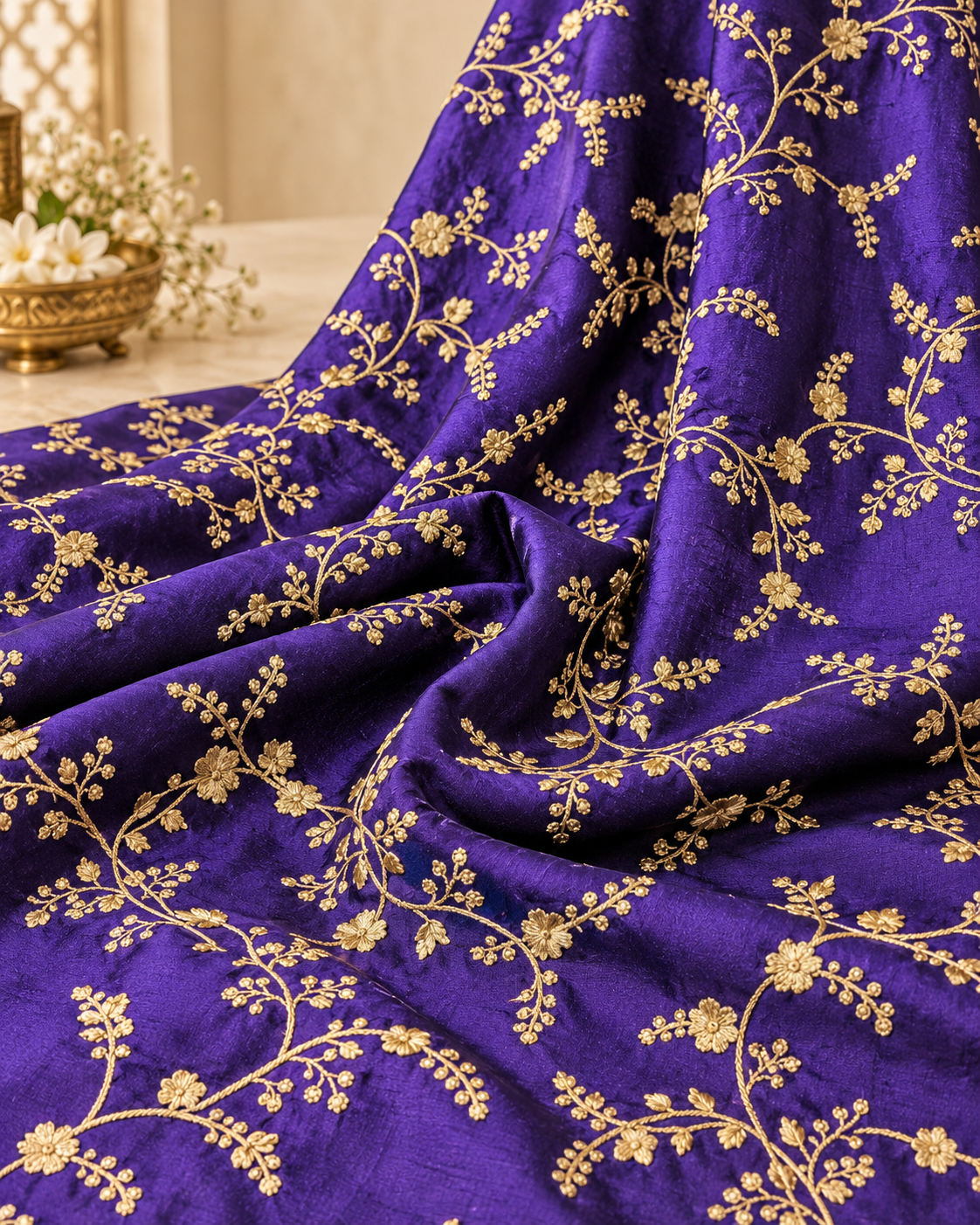 Purple and gold embroidered fabric, Wedding dress, Bridesmaid dress, Indian fabric, Luxury fabric, Haute couture, Fashion fabric - NFAF549